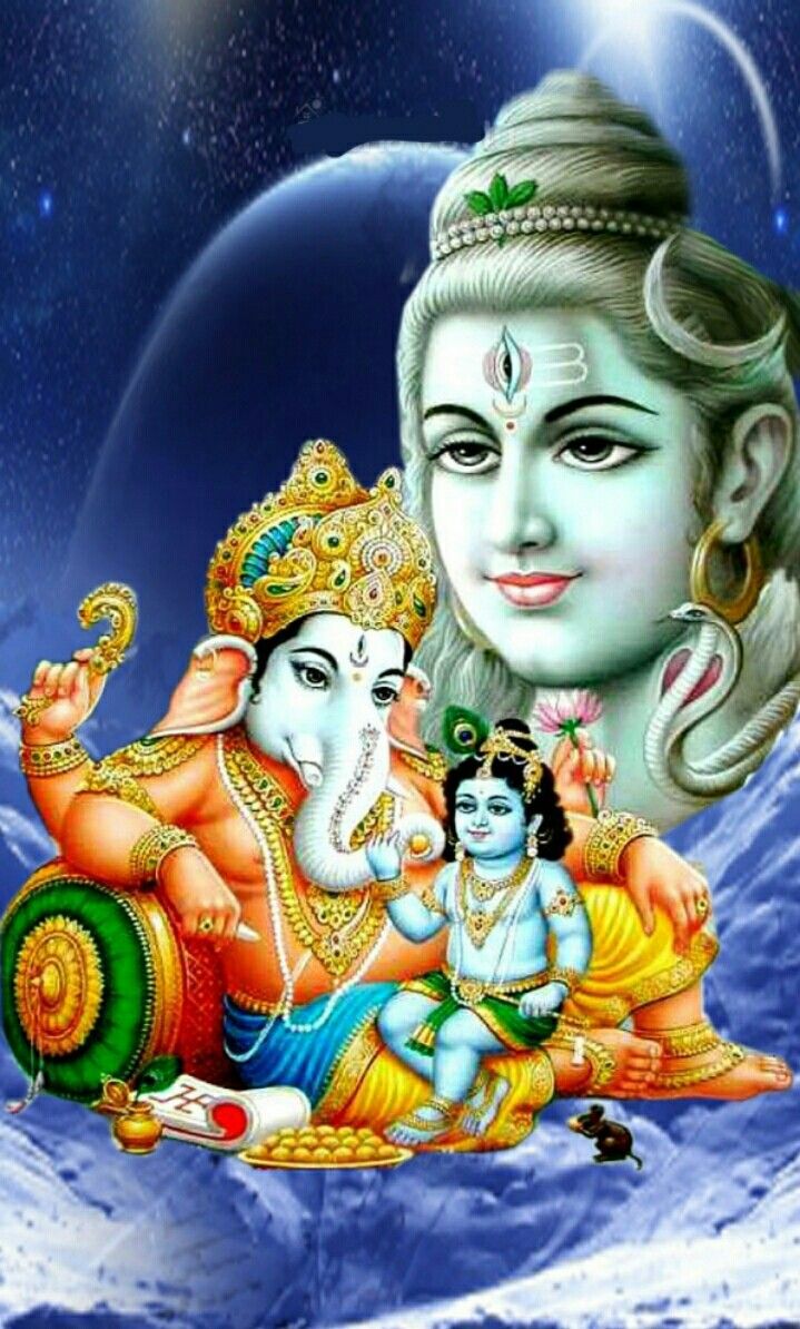 an image of lord ganesha and his wife sitting on the ground with mountains in the background