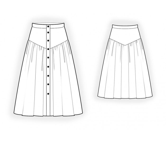 the front and back view of a women's skirt, with buttons on the side