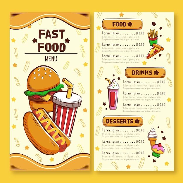 a fast food menu with burgers and drinks