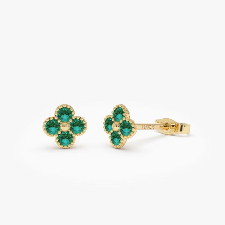 Delight in the charm of our 14K solid gold Emerald Clover Studs, showcasing exquisite emerald flower clovers. These petite earrings bring an air of refinement to any ensemble, suitable for daily wear or noteworthy events. They serve as a meaningful present, embodying luck and grace through their enduring style and vivid emerald highlights. Features * Gold KT: 14K Solid Gold * Custom Gold Color: Rose Gold, Yellow Gold, White Gold * Length & Width: 6.45 MM x 6.45 MM * Round Sapphire: 8 pcs 2.0 MM  * Total CTW: 0.30ctw * Ready to Ship in 1-2 Business Days ▶ See more of our Ruby Jewelry - https://etsy.me/3XbNleY ▶ See our storefront here - http://etsy.me/2lUcVnH  ▶ All store sections here * Diamond Rings - http://etsy.me/2lwKUl8 * Diamond Earrings - http://etsy.me/2lyqVBP * Diamond Necklace - Emerald Highlights, Emerald Studs, Petite Earrings, Round Sapphire, Gold Armband, Clover Earrings, Earrings Dainty, Ruby Jewelry, Emerald Jewelry