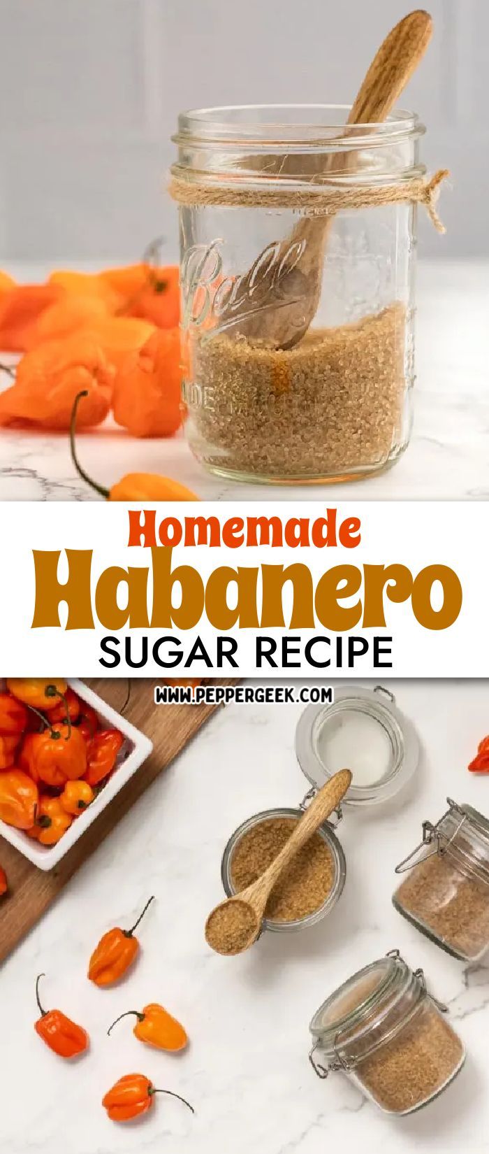 homemade habanero sugar recipe in a jar with spoons and peppers on the side