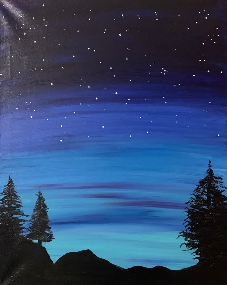 an acrylic painting of trees and the night sky