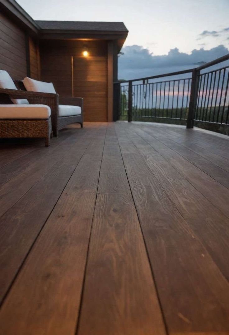 Rich walnut deck Sw Deck Stain Colors, Deck Restaining, Dark Deck Stain Colors, Walnut Deck Stain, Porch Stain Ideas, Stain Front Porch, Dark Stained Deck, Two Tone Deck Stain Ideas, Deck Stain Colors Ideas