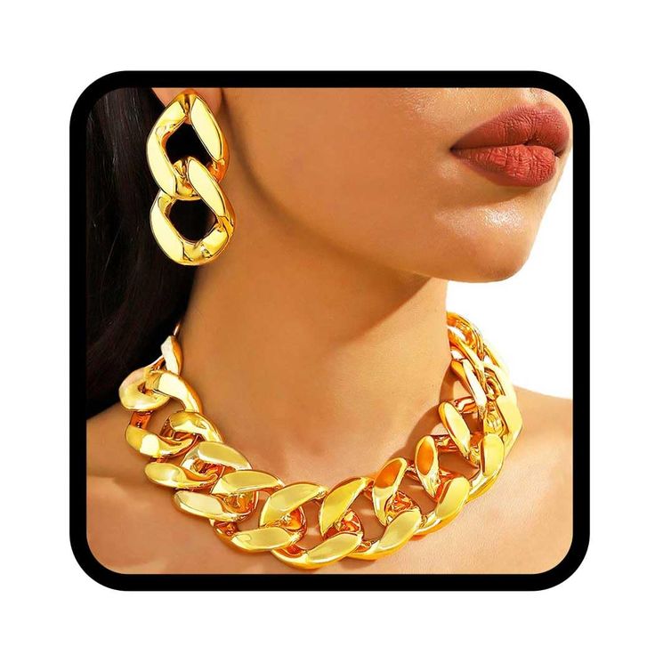 PRICES MAY VARY. Chunky collar necklace set is made of plastic, shiny and color retention, not easy to fade. Package include: 1 necklace and 1 pairs of earrings. Punk gold choker necklace has a circumference of approximately 34cm/13.4in and is equipped with an adjustable 7cm/2.7in extension chain. Weighing approximately 46 grams, it is lightweight and easy to wear. Gold wide necklace set can be paired with anything, making your clothes super fashionable, low-key and elegant. It is lightweight an Silver Plastic Jewelry For Party, Elegant Plastic Jewelry For Parties, Party Jewelry With Plastic Chain, Yellow Plastic Party Jewelry, Chunky Choker Necklace, Earrings Punk, Thick Necklace, Chunky Choker, Cuban Link Necklace