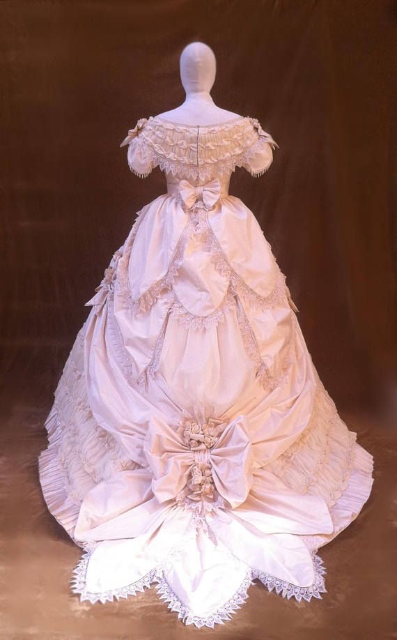 Victorian Ruffled Ball Gown For Wedding, Victorian Ball Gown With Ruffles For Wedding, Victorian Ball Gown Wedding Dress With Ruffles, Victorian Baroque Wedding Dress, Rococo Style Ball Gown With Historical Design, Rococo Style Ball Gown For Wedding, Elegant Victorian Wedding Dress With Cancan, Historical Baroque Wedding Dress, Cream Victorian Marie Antoinette Wedding Dress