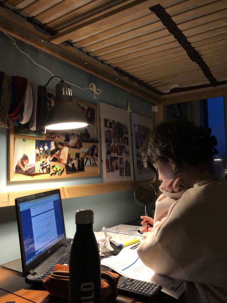 a woman sitting at a desk in front of a laptop computer