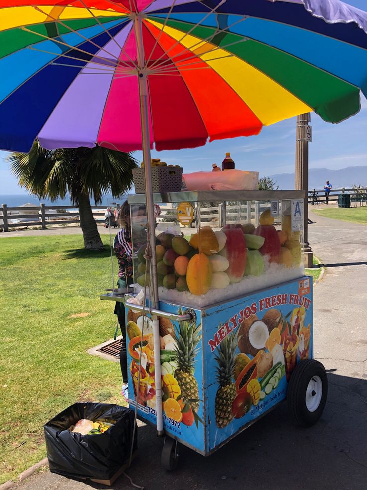 an ice cream cart selling fresh fruit under a colorful umbrella