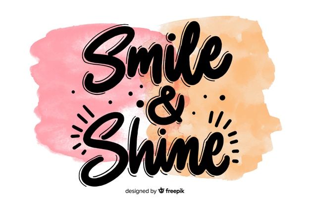 the words smile and shine are painted in black ink on a pink, yellow and orange background