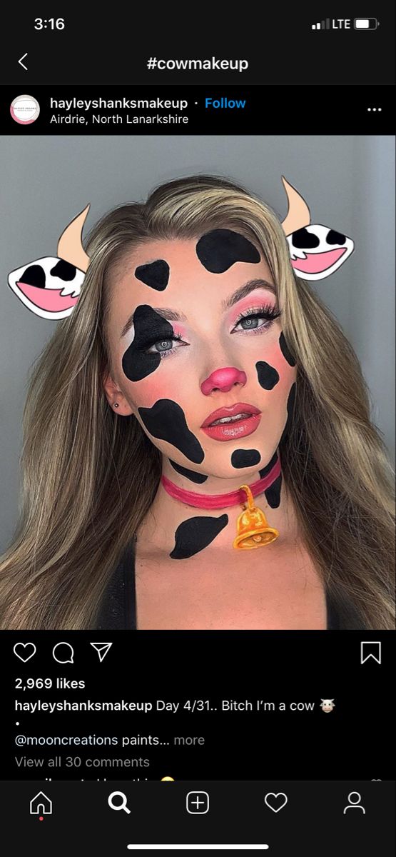 Bull Halloween Makeup, Woman Cow Costume, Cow Halloween Makeup Look, Pregnant Cow Halloween Costumes, Cow Face Makeup Halloween, Cow Costume Makeup Simple, Cow Make Up For Halloween, Cow Theme Outfit, Cow Print Face Paint