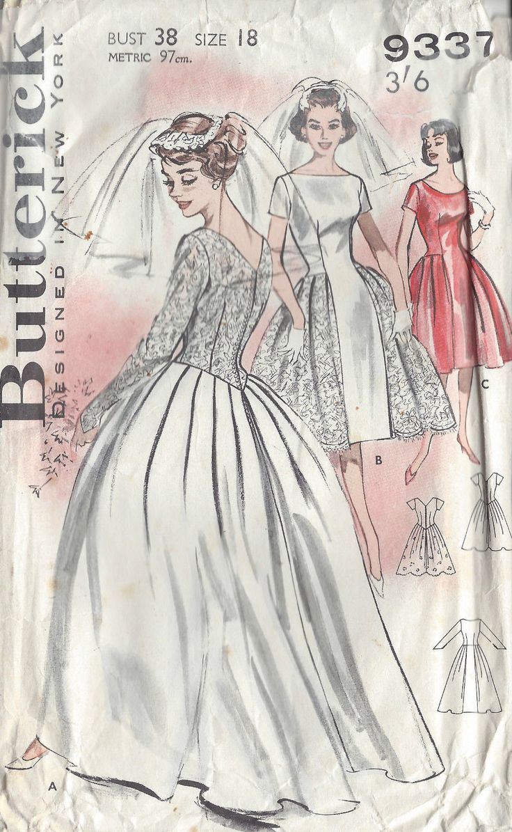 an old sewing pattern from the 1950's shows two women in wedding gowns and veil