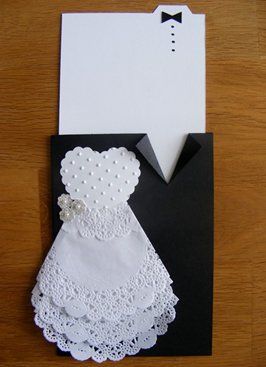 an image of a wedding card with lace on the bottom and a dress in the middle