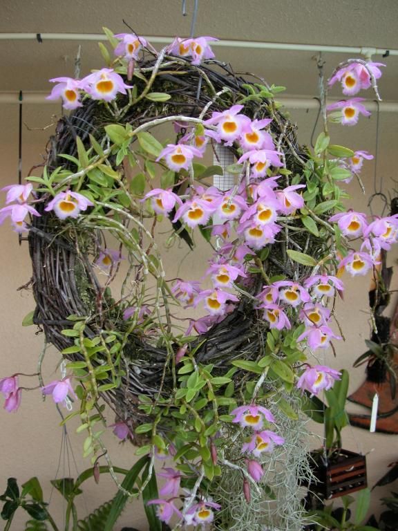 a wreath with flowers hanging from it's side in front of a planter