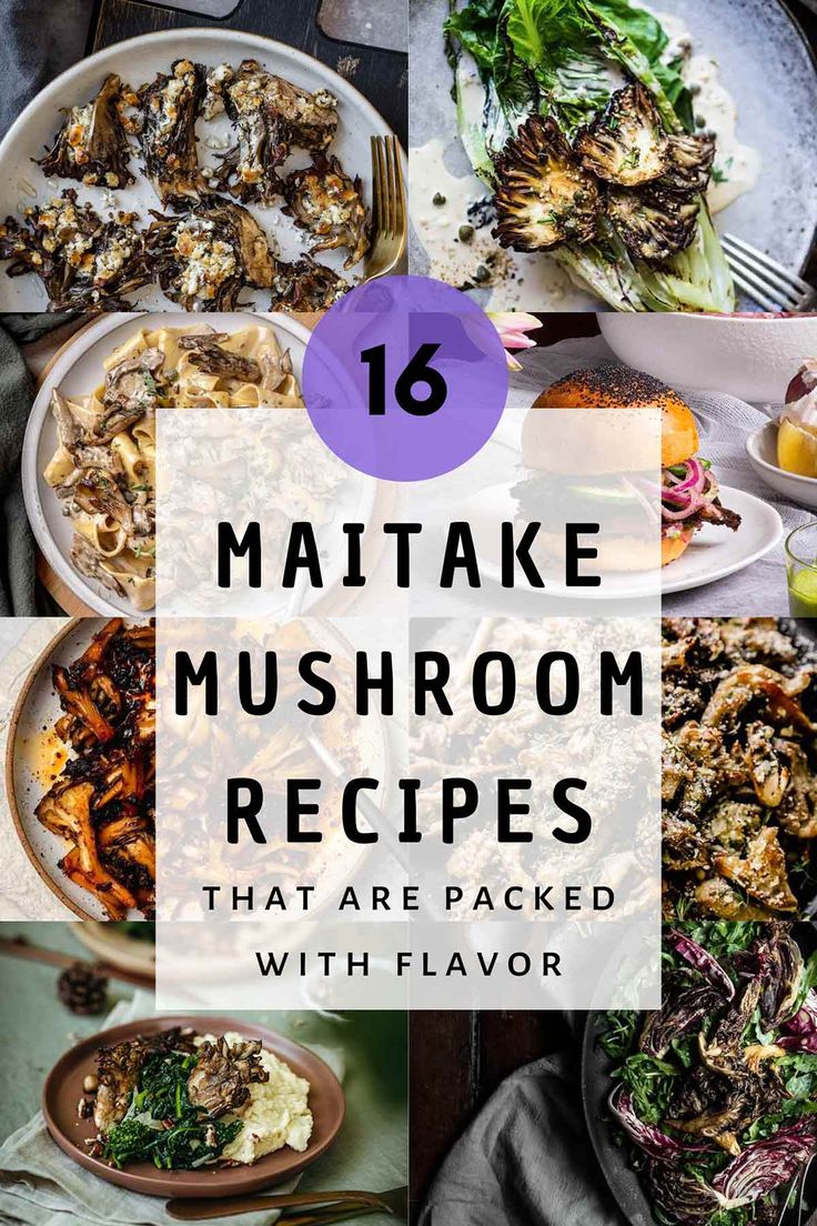 various dishes with text overlay that reads 16 matake mushroom recipes that are packed with flavor