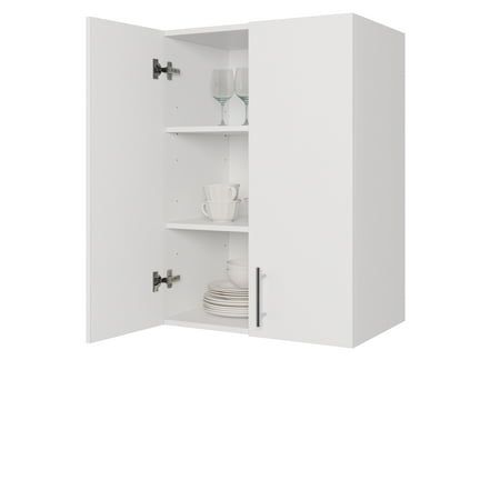 an open cabinet with dishes and cups on it's shelves, against a white background