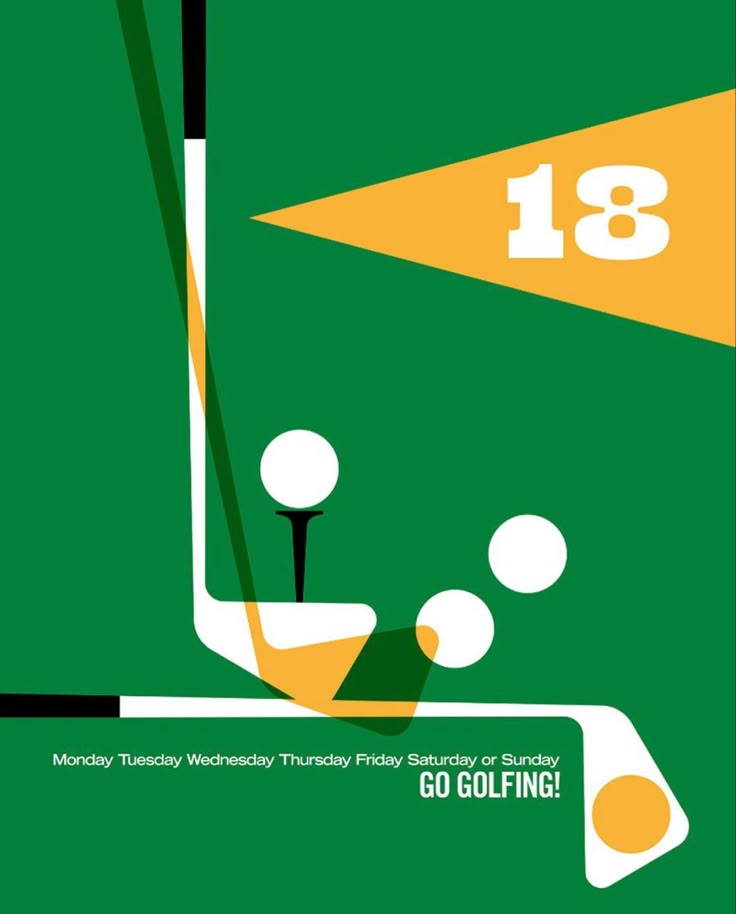 an advertisement for the 18th annual golf tournament, featuring a green and yellow poster with white balls