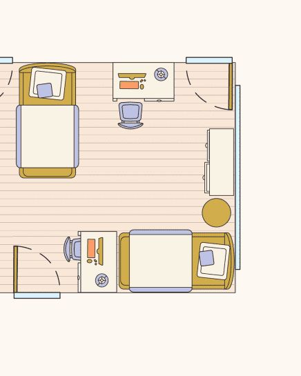 an overhead view of a living room and kitchen area in a small apartment floor plan