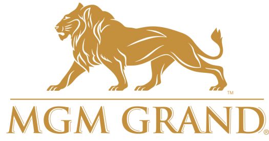 the mgm grand logo is shown in gold on a white background, with an image of a lion