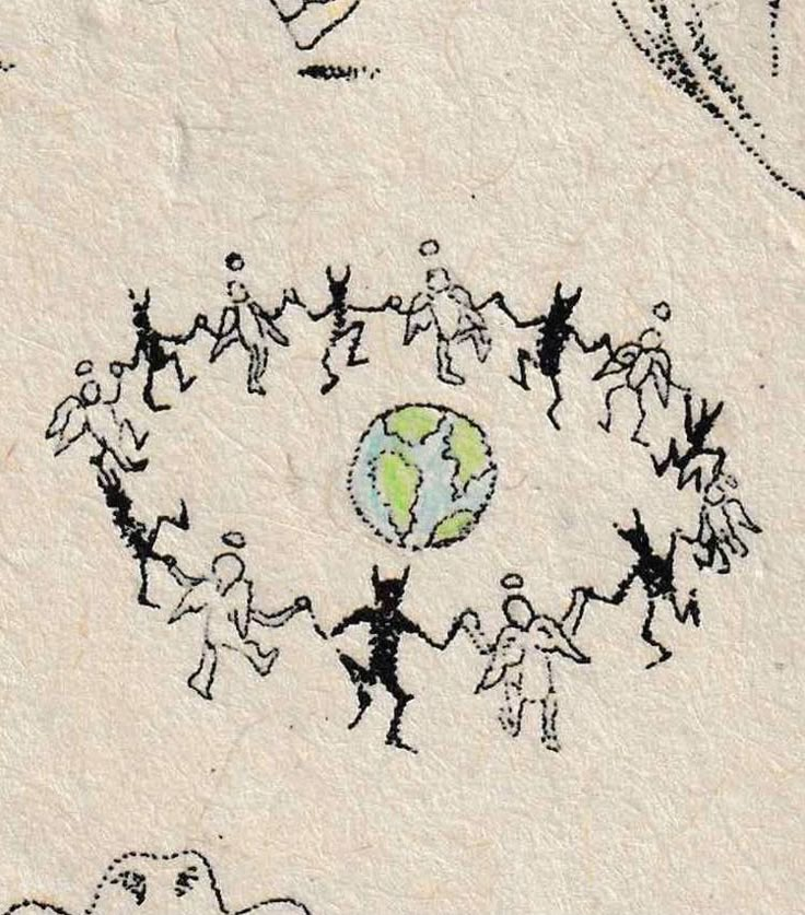 a drawing of people holding hands around the world