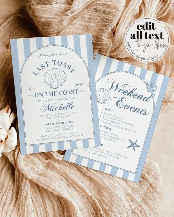 two blue and white striped wedding cards with seashells on the front, one is for