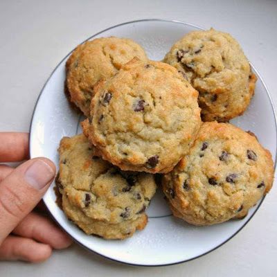 a person holding a plate full of chocolate chip cookies