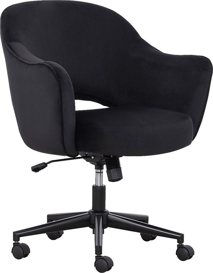 an office chair with wheels and black fabric upholstered to the back, on a white background