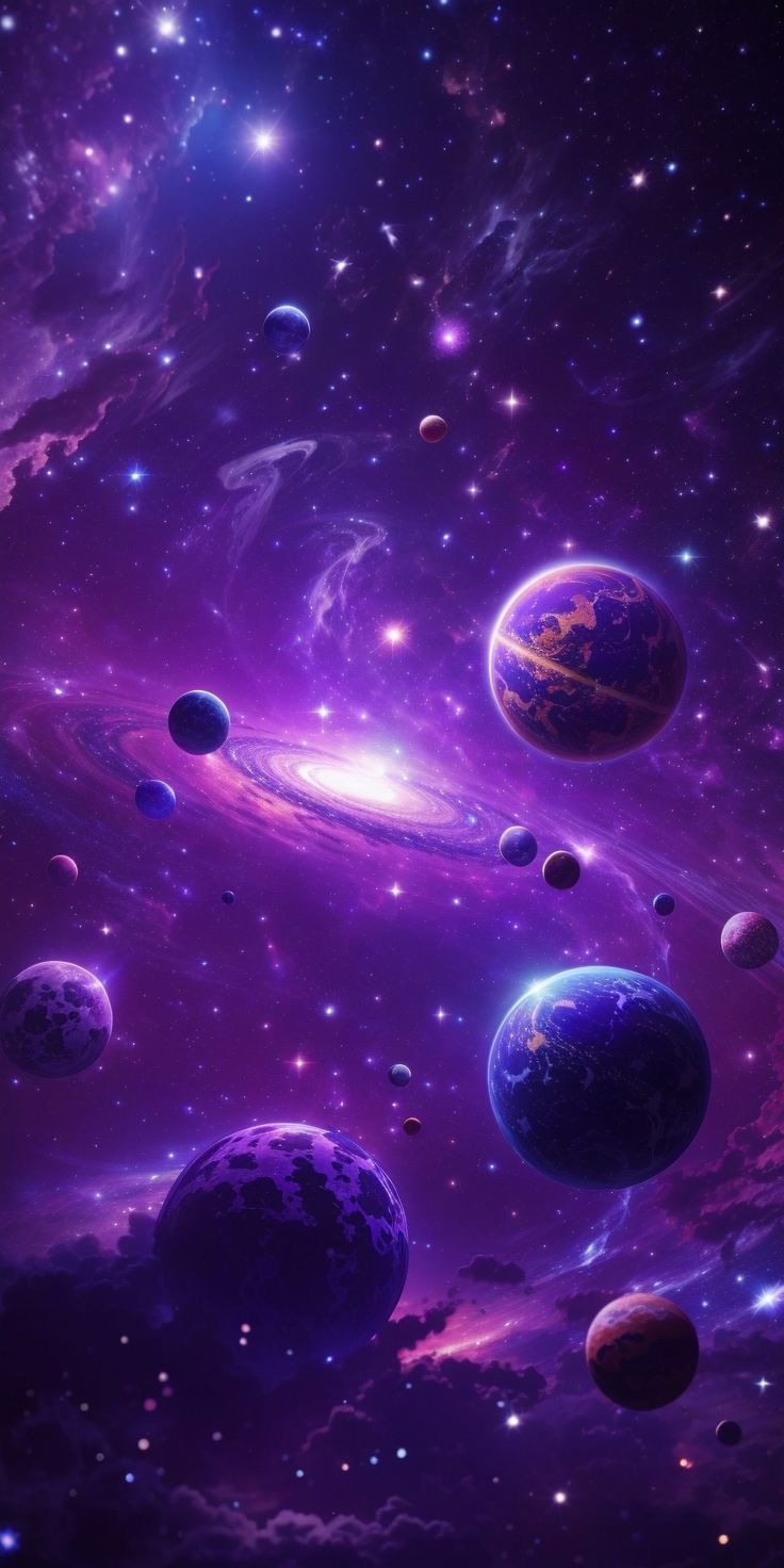 an image of planets in the sky with stars and space dusts around them on a purple background