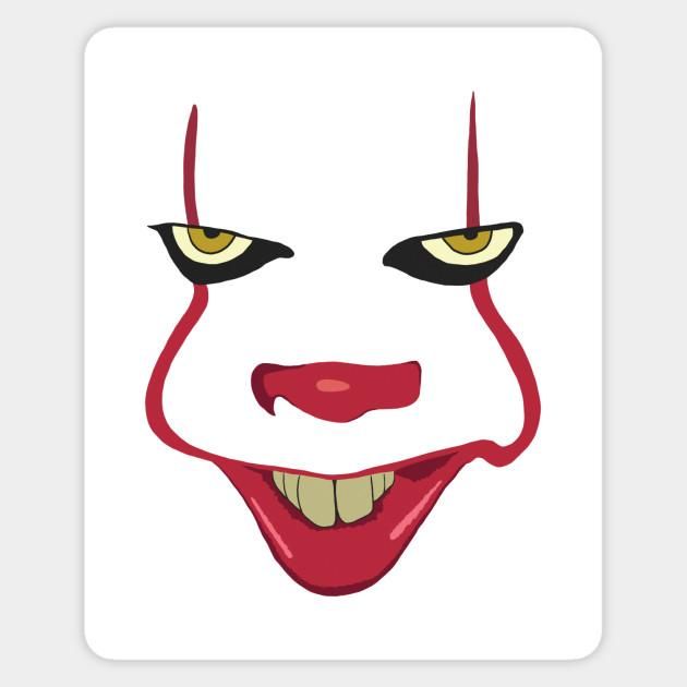 an evil clown's face with yellow eyes and red nose, on a white background