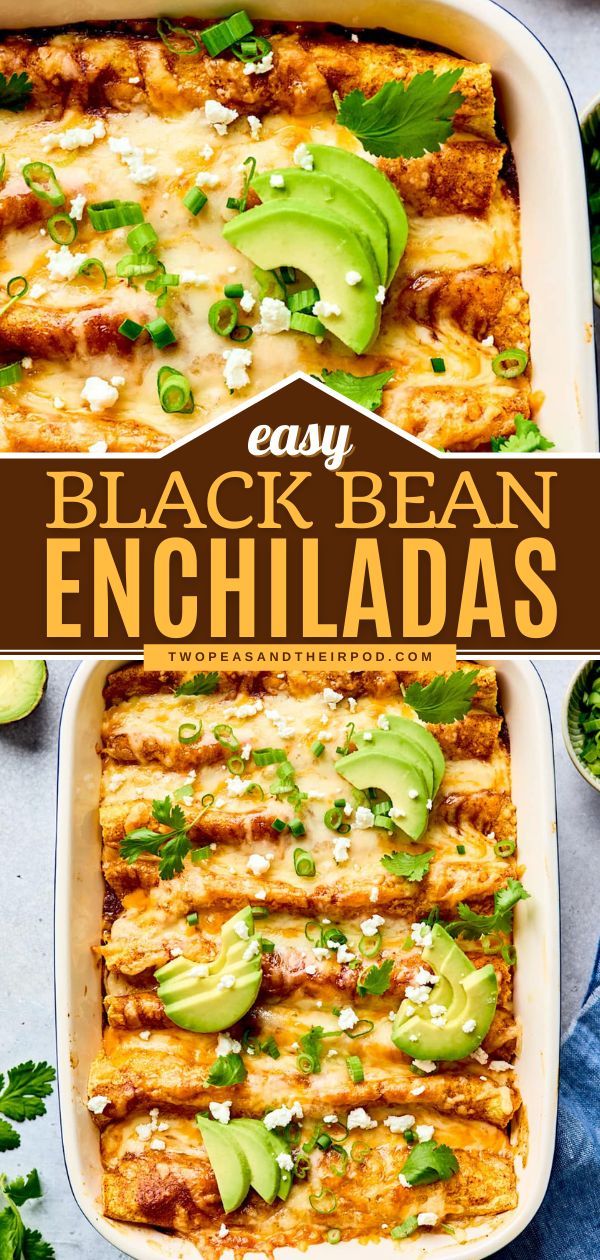 black bean enchiladas in a casserole dish with avocado on top