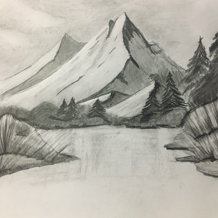 a pencil drawing of a mountain lake and trees