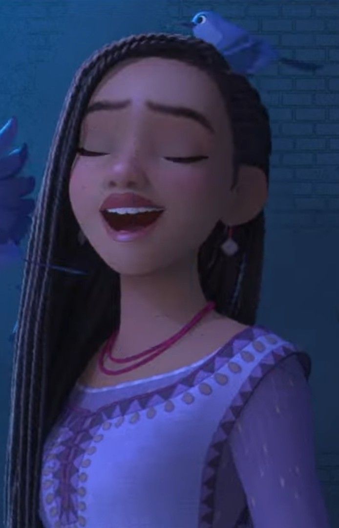 an animated girl with long hair and birds on her head, singing into a microphone