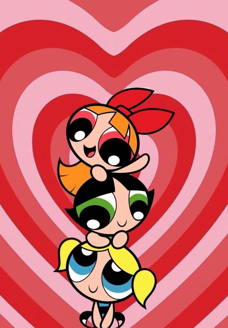 the powerpuff girls wallpaper with two cartoon characters in front of a heart