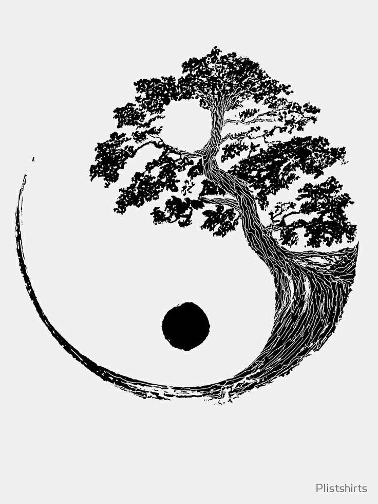 a black and white drawing of a tree in the shape of a yin - yang