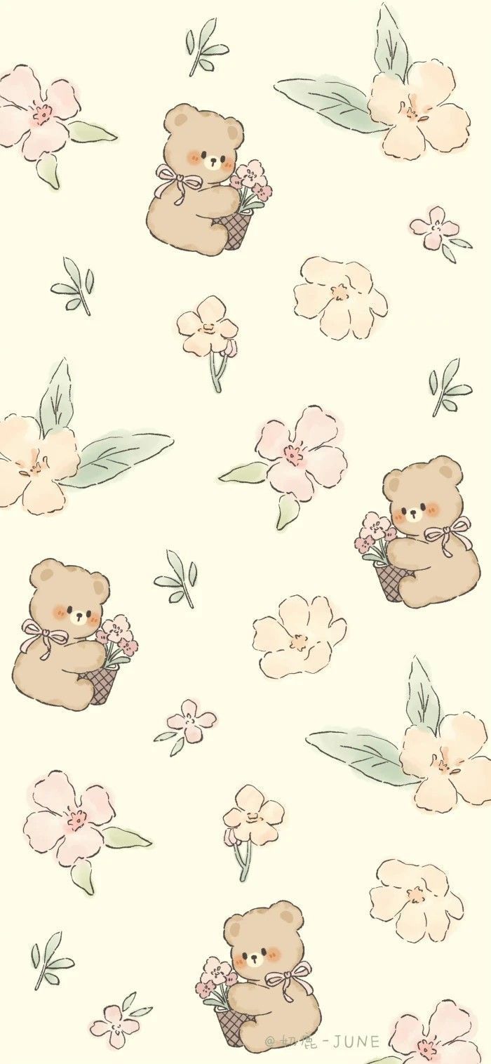 a teddy bear with flowers and leaves on it's back wallpaper is shown