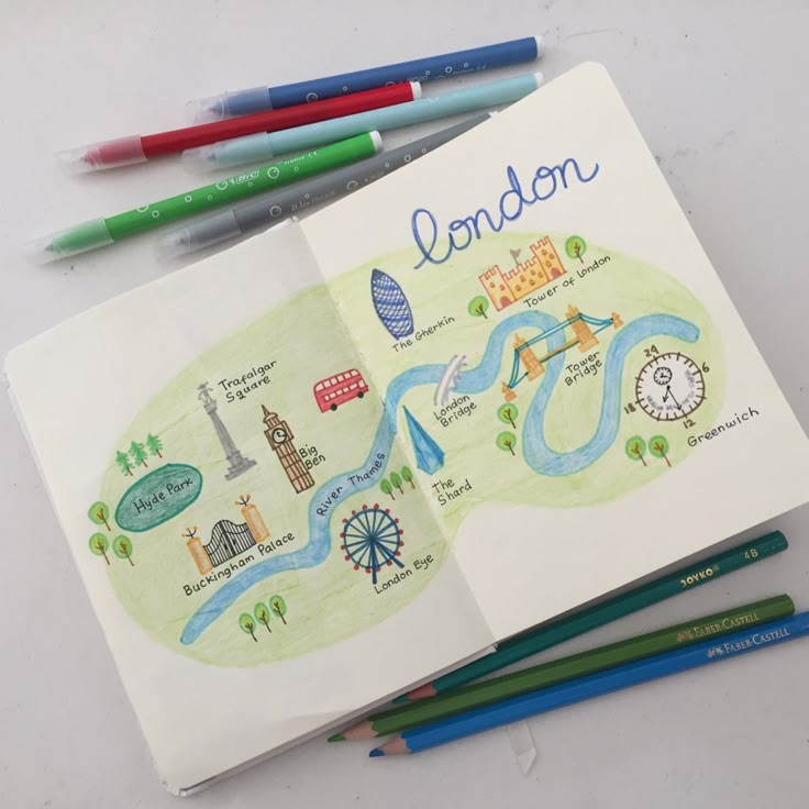 an open notebook with markers and pencils next to it that says london on the page