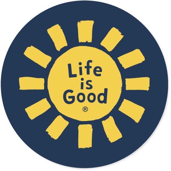 a blue and yellow sticker with the words life is good