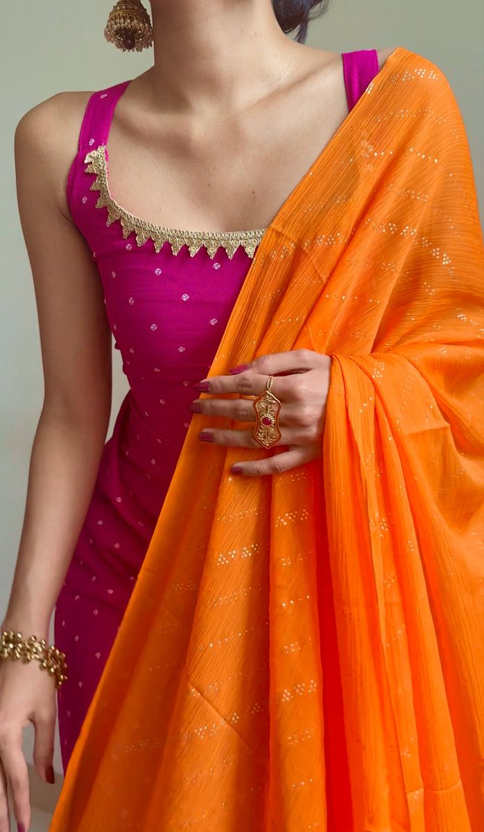 Anarkali Suit Aesthetic, Churidar Suit Designs, Sharara Neck Designs, Orange Indian Suit, Desi Style Casual, Sindoor Looks Indian, Desi Look Outfits, Traditional Kurta Designs Women, Desi Kurta Aesthetic