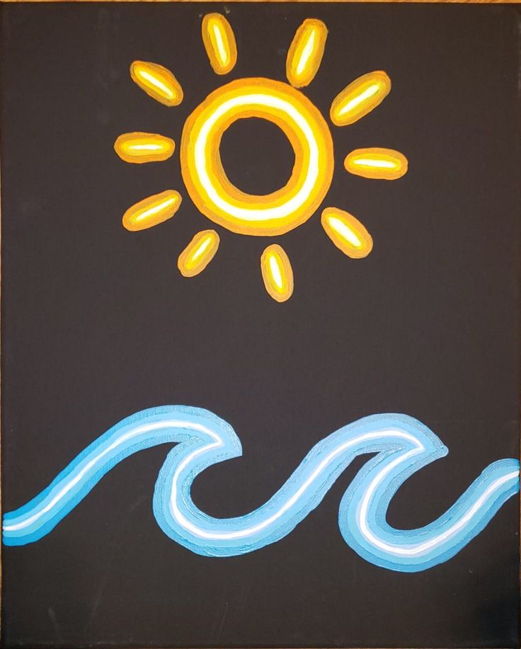 an image of a painting with waves and sun in the sky on black background,