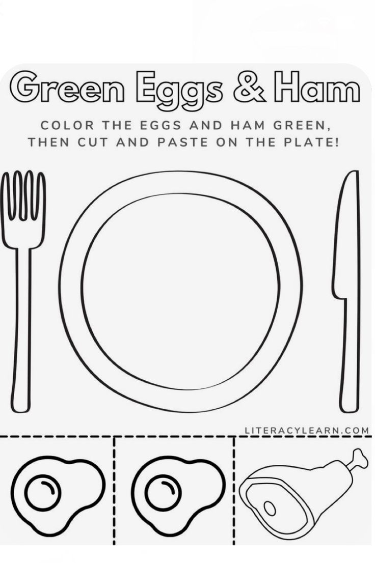 the green eggs and ham coloring page is shown with an egg, knife, fork and spoon