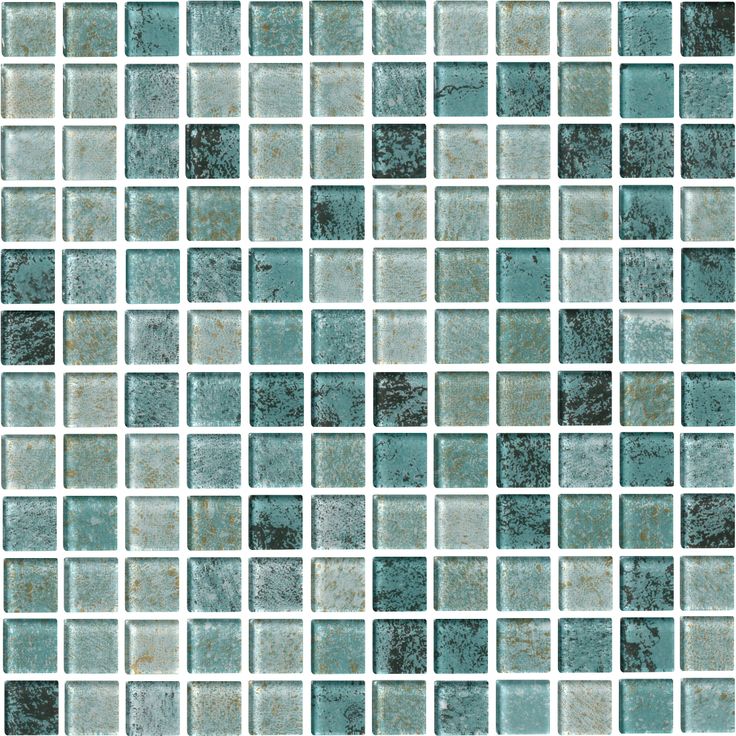 a blue and green mosaic tile wallpaper with small squares on the bottom, in various shades