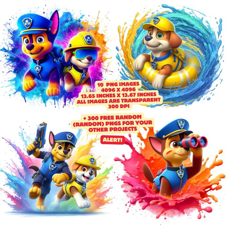 the paw patrol poster is shown in three different colors and font, including one for each character