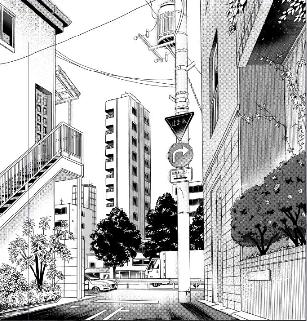 a black and white drawing of a city street with tall buildings on either side of the road