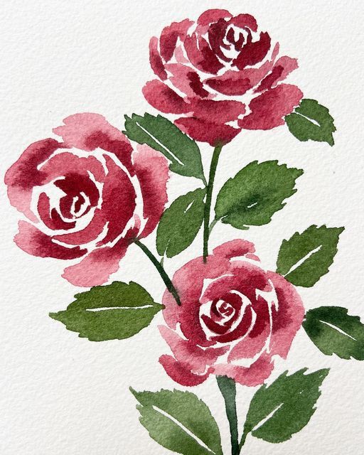 watercolor painting of three pink roses with green leaves on a white paper background,