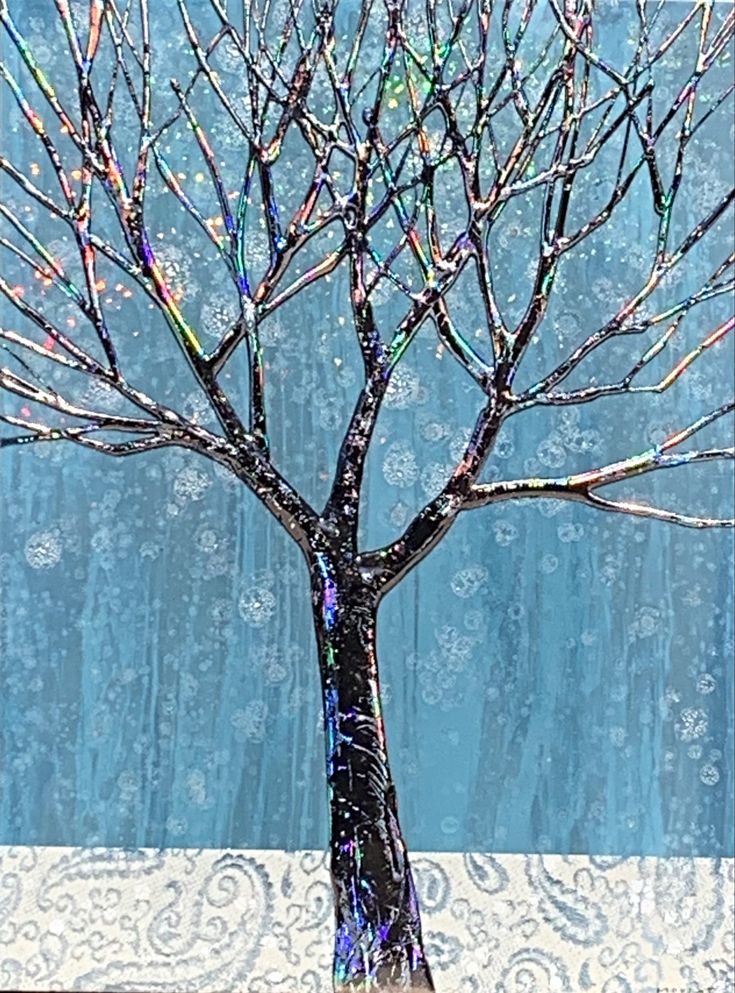 a painting of a tree with no leaves on it in front of a blue background