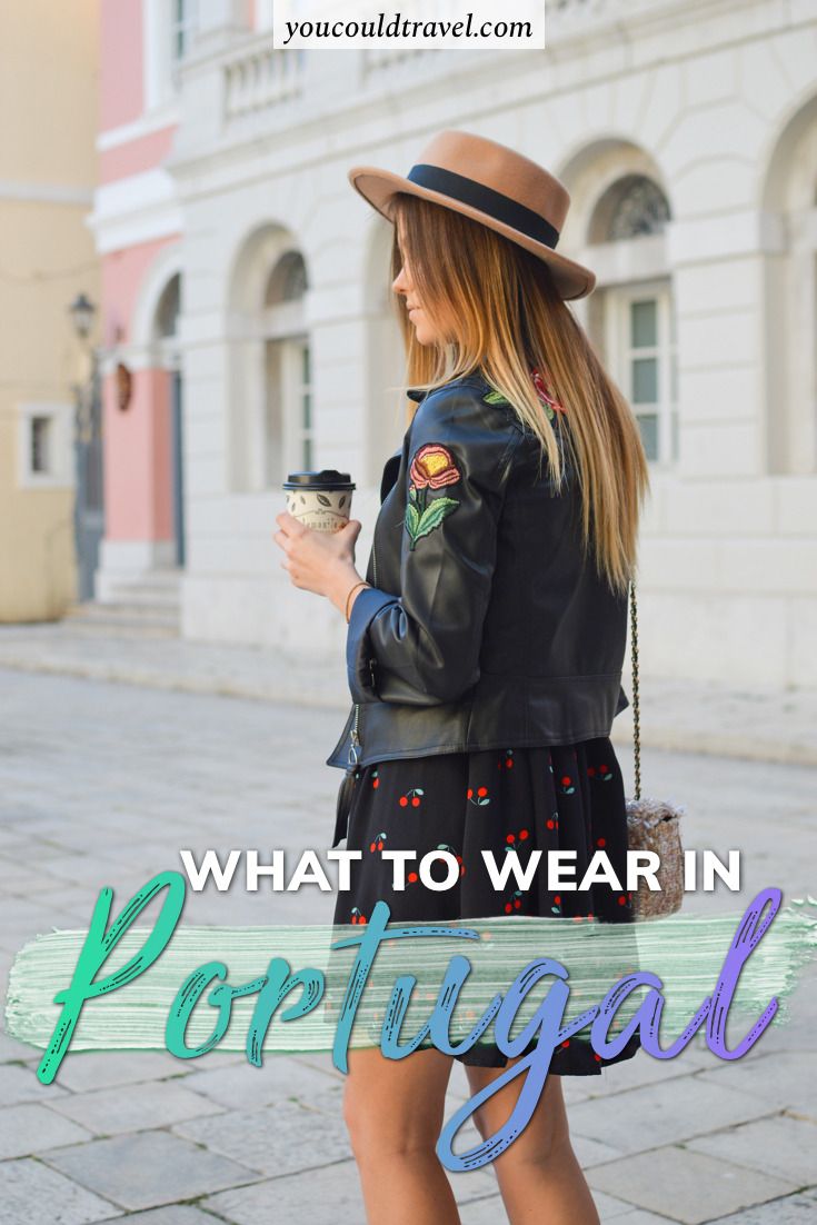 a woman wearing a hat and holding a cup in her hand with the words what to wear in portugal