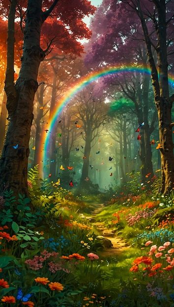 a painting of a forest with a rainbow in the sky and flowers on the ground