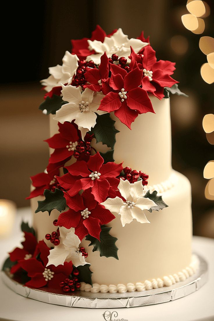 a wedding cake decorated with red and white poinsettis