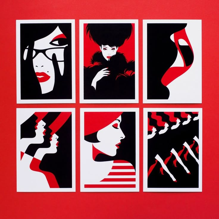 four black and white pictures on red paper with woman's face in the center