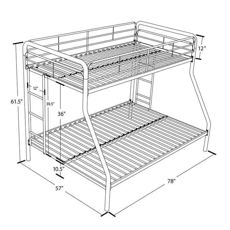 the bunk bed frame is shown with measurements for each side and bottom section, along with two