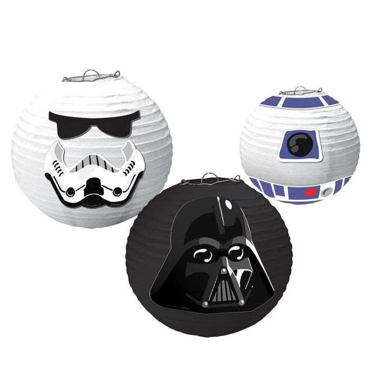 three star wars paper lanterns are shown in different shapes and sizes, one with a darth vader mask on it