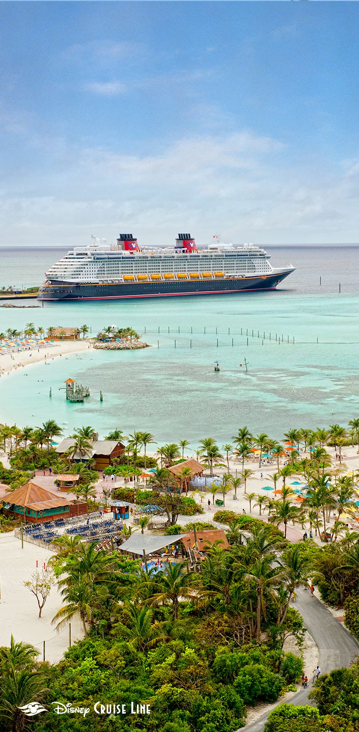 a cruise ship in the ocean next to a sandy beach with palm trees and blue water